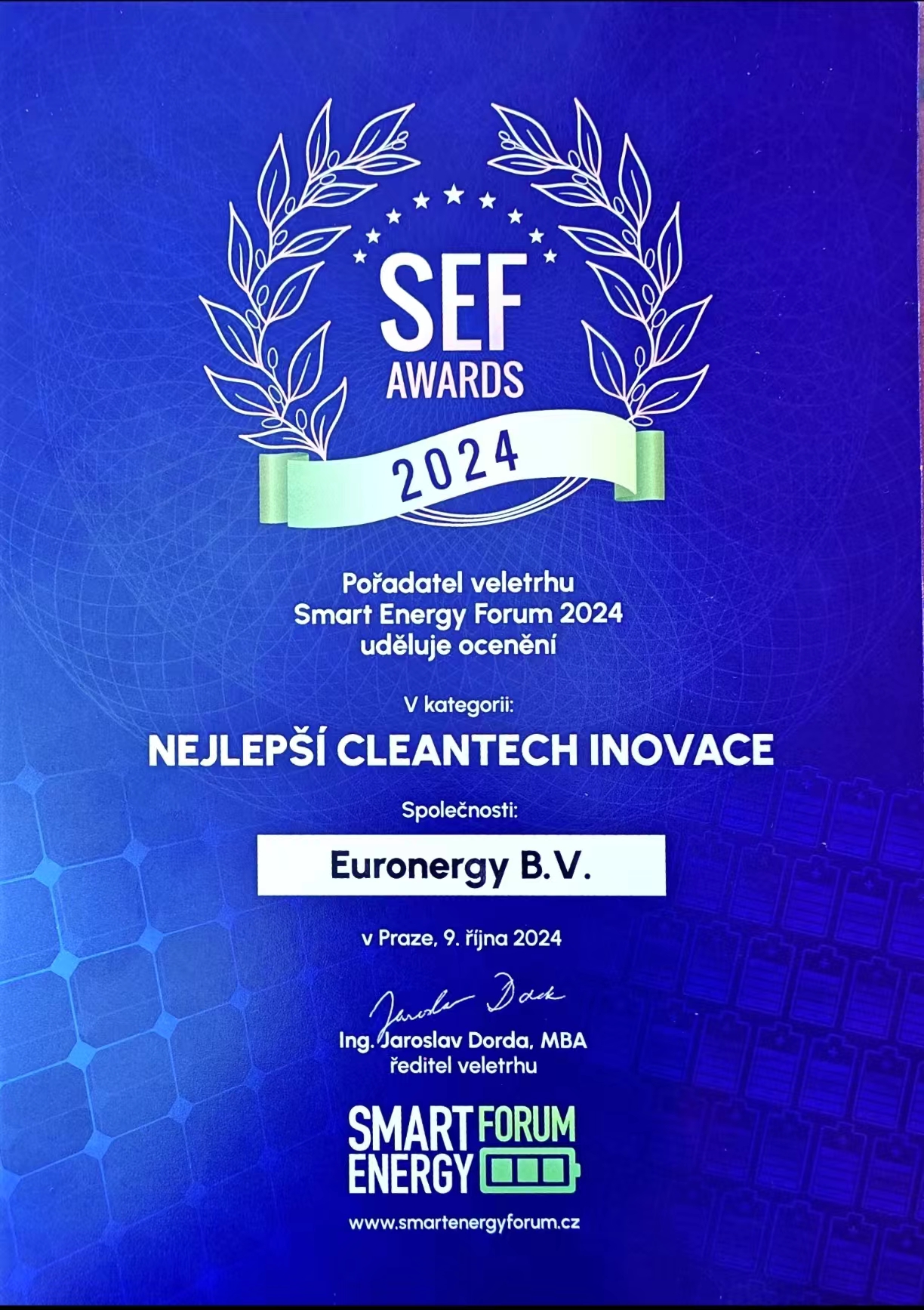 Euronergy Wins Best Cleantech Innovation Award at Smart Energy Forum Prague 2024